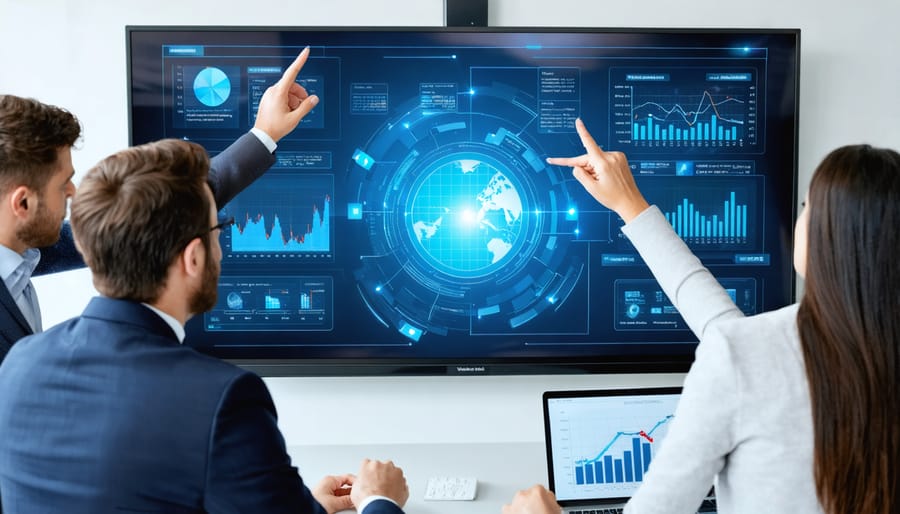 Real estate team using financial navigator software on interactive display