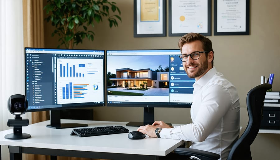 A real estate professional efficiently managing virtual property tours and client relationships from a modern home office, highlighting the use of digital tools in remote real estate work.