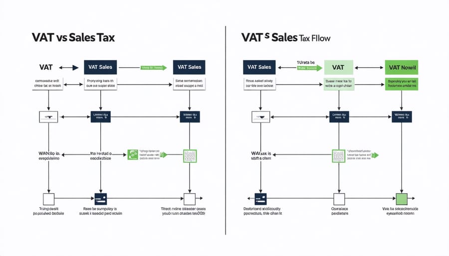 Infographic comparing VAT and sales tax systems with arrows showing tax collection points