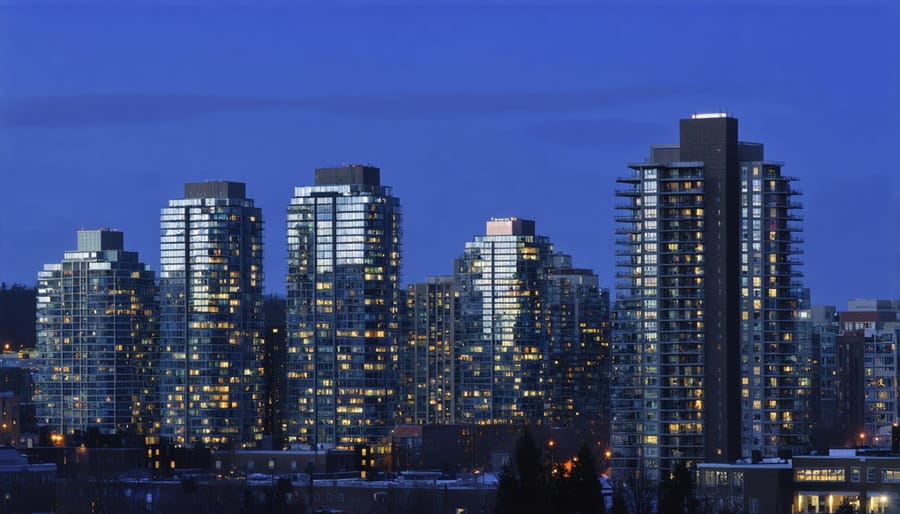 Montreal's Ville-Marie district at night showing urban residential towers and city lights