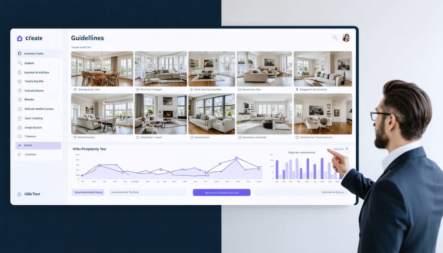 Real estate agent conducting virtual property tour with clients through video conferencing platform
