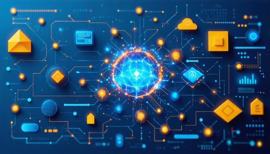 Digital illustration showing blockchain nodes connected in insurance claim workflow