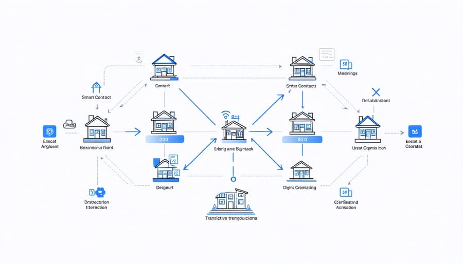 Digital illustration of blockchain smart contract process for real estate transactions