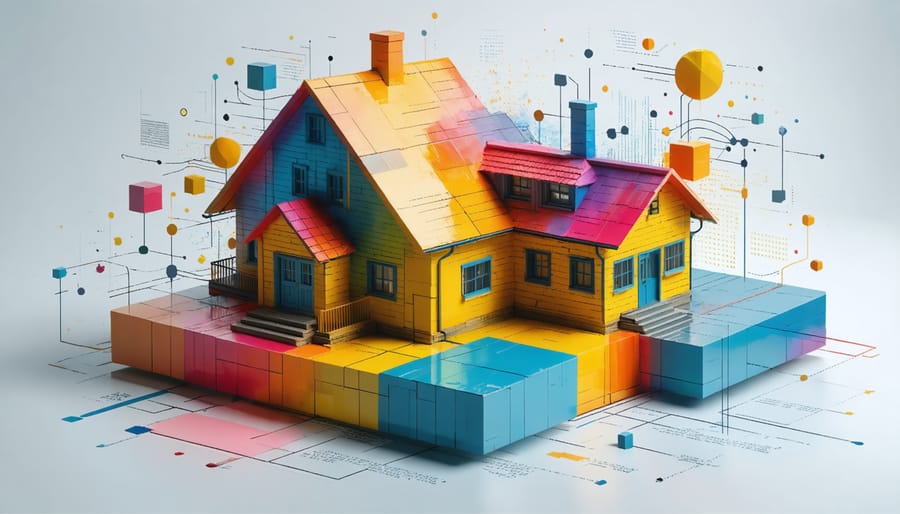3D representation of blockchain property title storage system with connected blocks