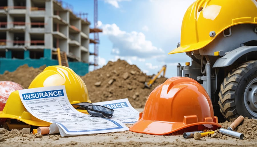 Construction workers at renovation site with visible insurance documentation