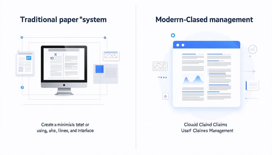 Side-by-side comparison of paper-based insurance claims filing versus digital cloud management system