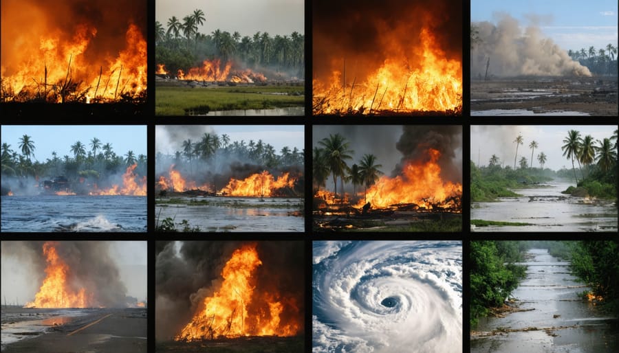 Composite image of climate-related disasters affecting residential areas