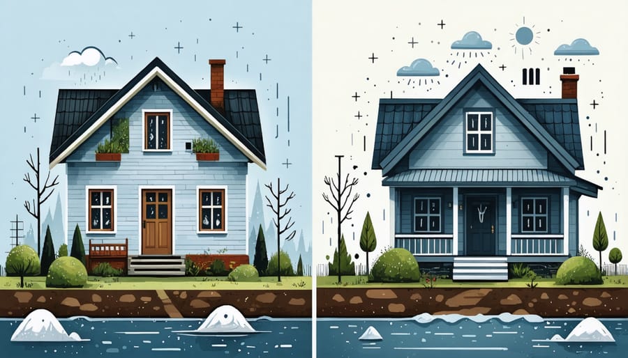 Side-by-side comparison of storm damage on traditional house versus protected climate-resilient house