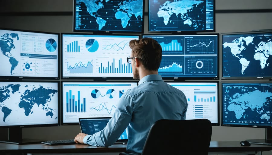 Insurance underwriter evaluating climate risk factors on digital displays