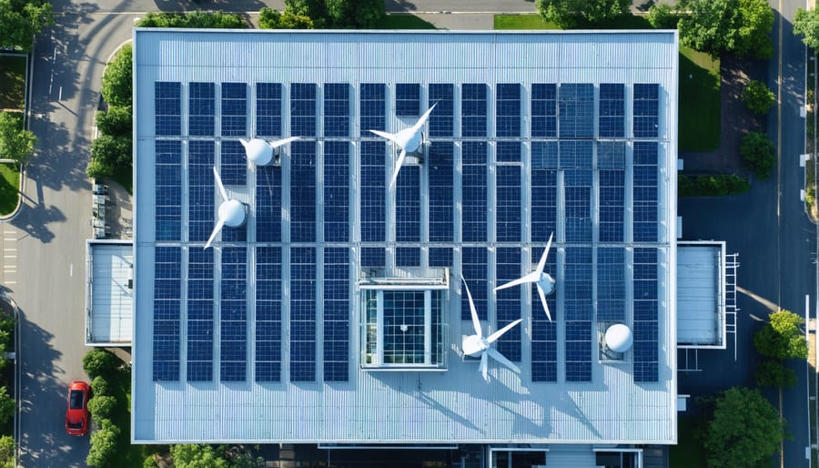 Modern commercial property featuring integrated solar panels and small wind turbines on the roof