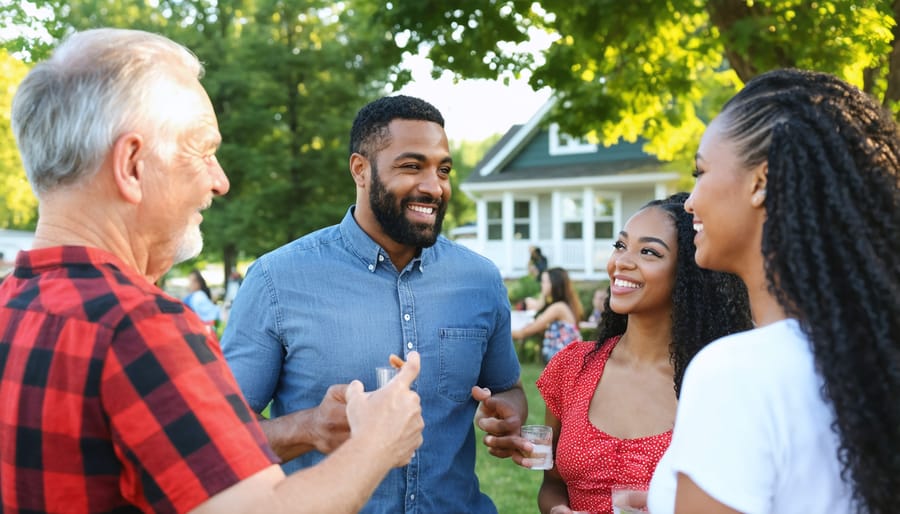Multicultural group of neighbors socializing at a community event with food and activities