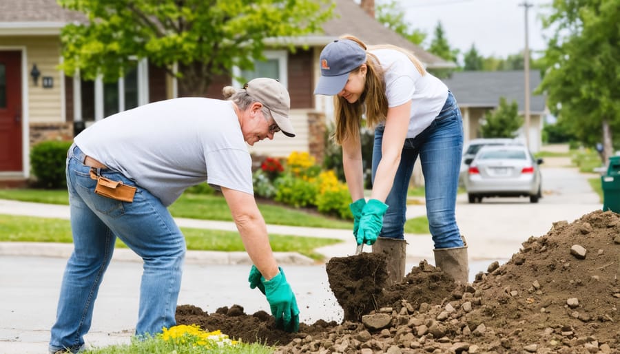 Community members planting trees and flowers in a neighborhood green space
