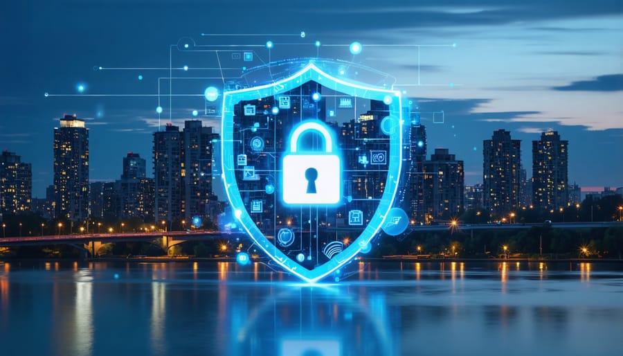 Conceptual illustration of a condominium with a digital shield, representing H0-6 policy protection against security system failures, including elements like a smart home interface and urban skyline.