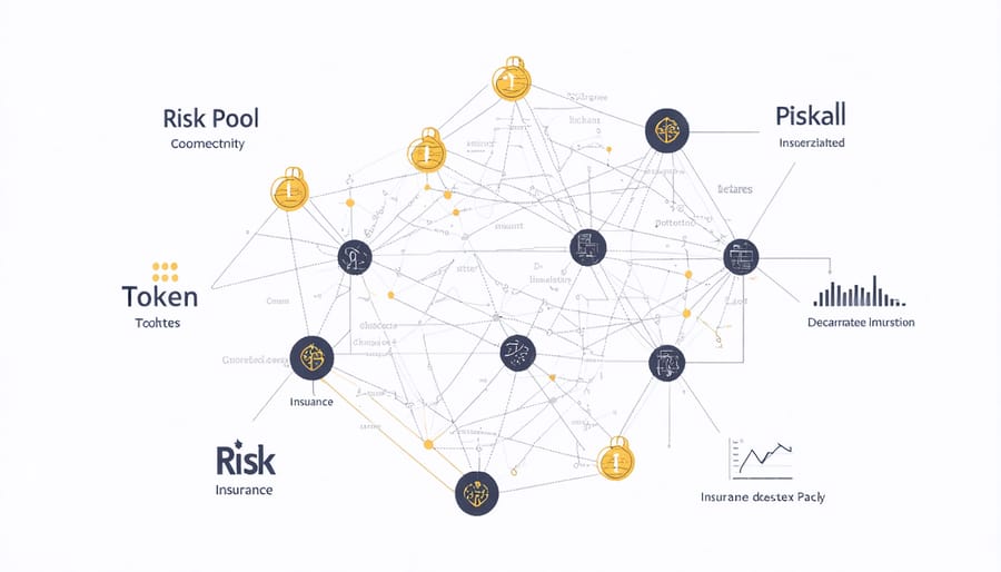 Network visualization of decentralized insurance protocol with connected nodes and token symbols