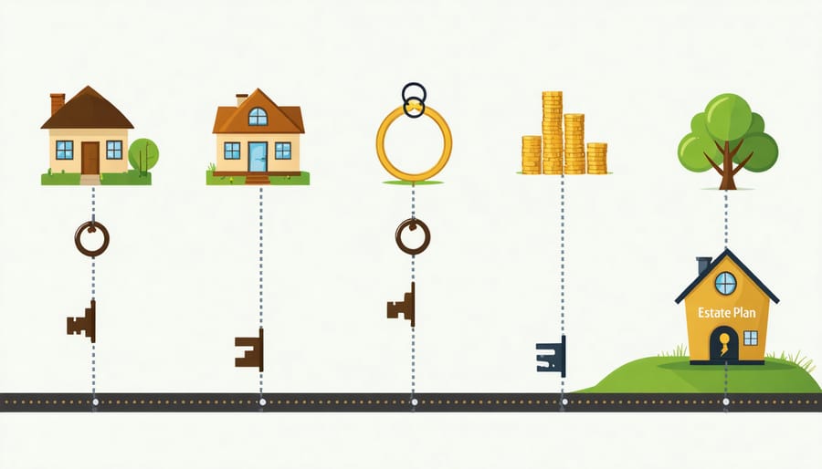 An artistic representation of key life stages impacting estate planning, including property purchase, marriage, and children, with pathways leading to a secure estate plan.