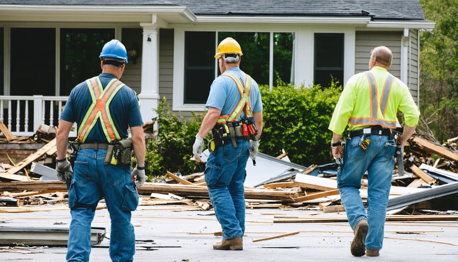 FEMA officials in safety gear examining damaged residential property