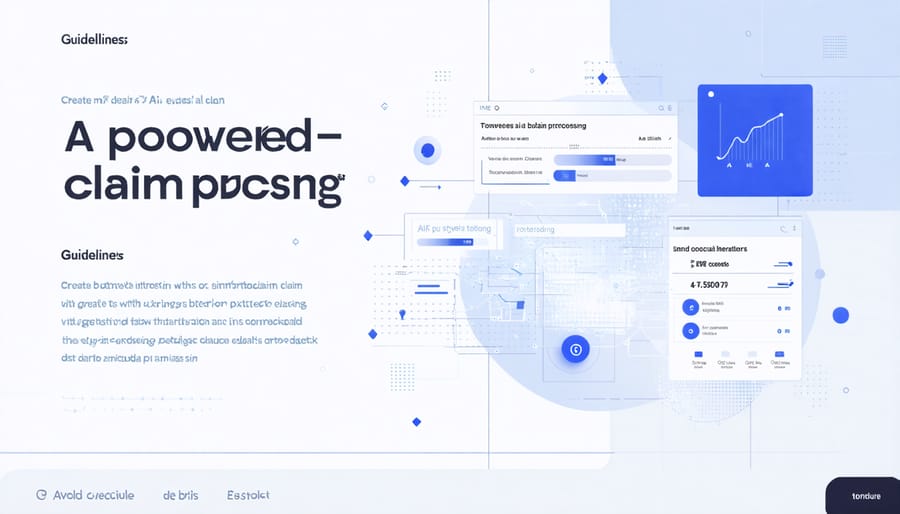 Digital interface demonstrating advanced claims processing technology with AI and blockchain elements