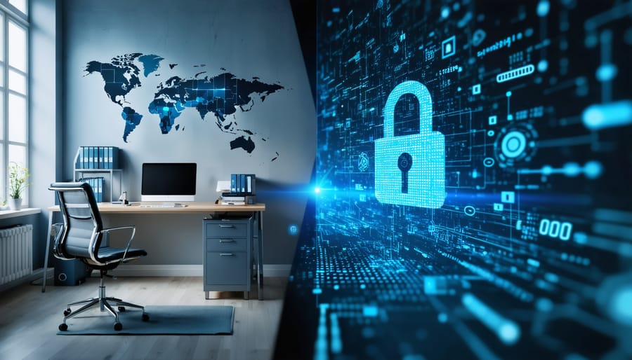 Split image: a secure home office representing protected healthcare data on one side, and compromised digital data symbols on the other, highlighting the contrast between cybersecurity and breaches in home-based medical practices.