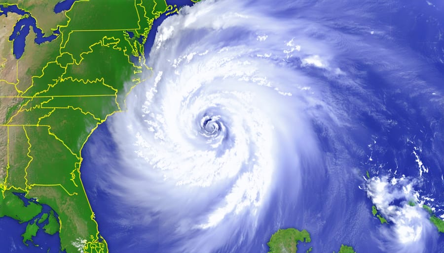 Hurricane weather satellite image showing different wind speed zones and measurement points
