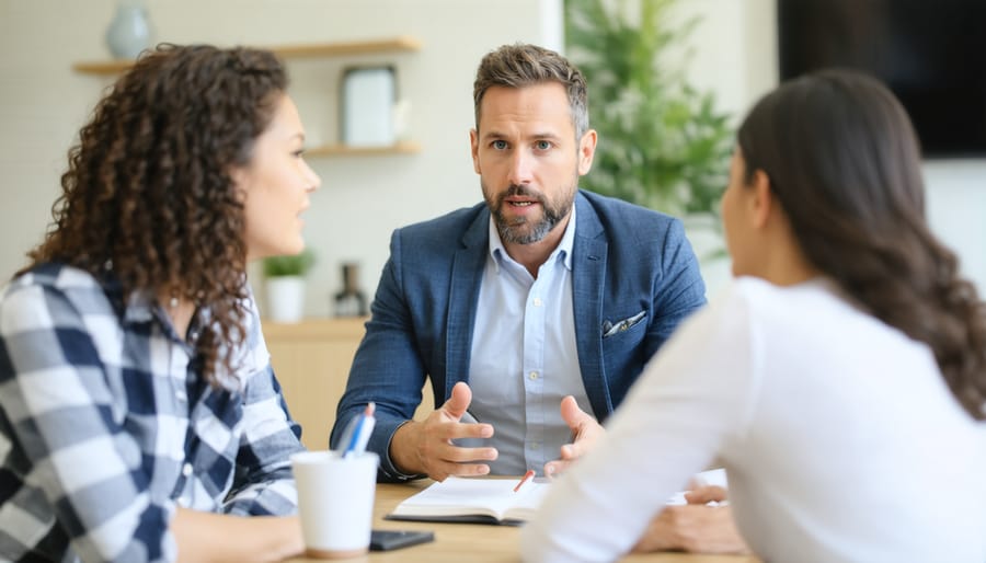Insurance agent and property owner reviewing short-term rental insurance policies