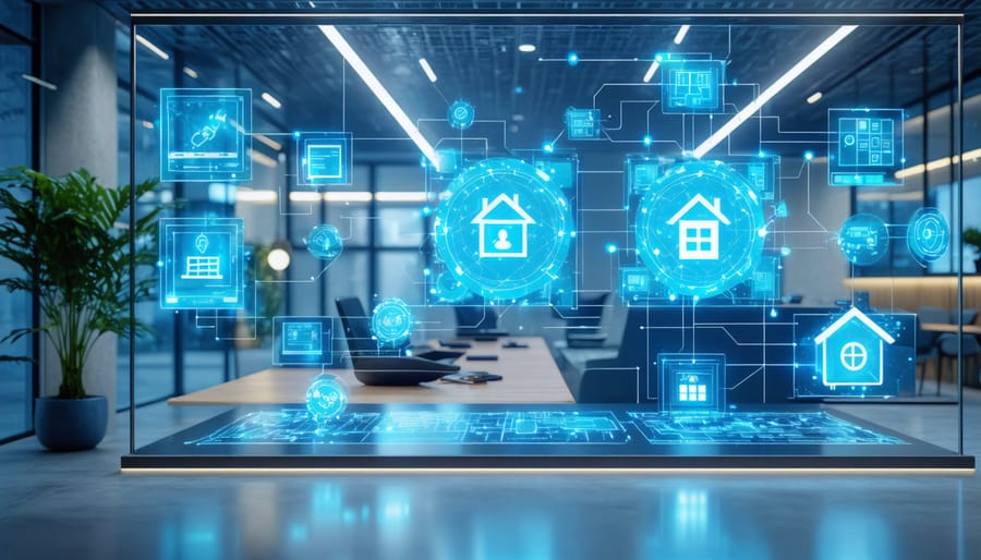 Digital illustration of a futuristic real estate office with displays showing blockchain networks, smart contracts, and insurance symbols interconnected with property icons.