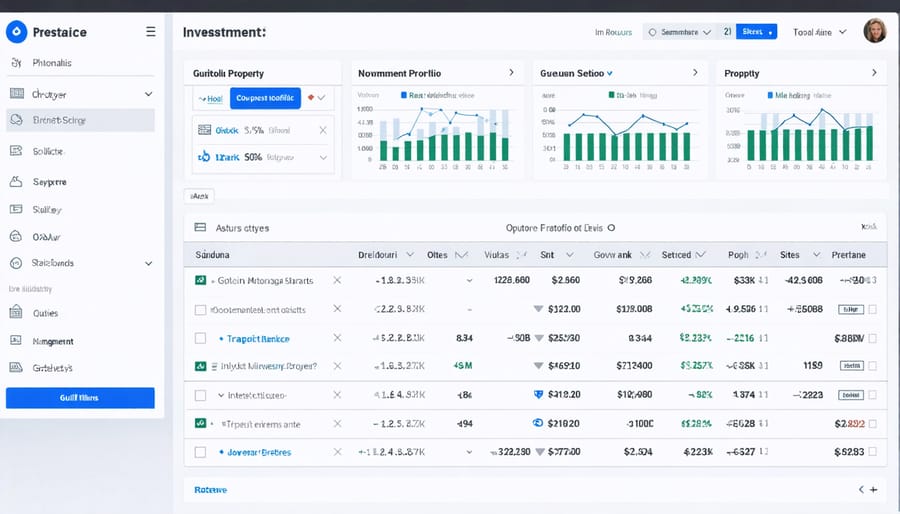 Real estate investment management software interface displaying multiple properties and financial performance indicators
