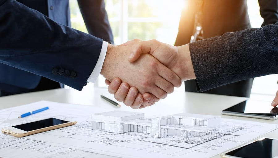 Real estate and technology executives finalizing a joint venture agreement