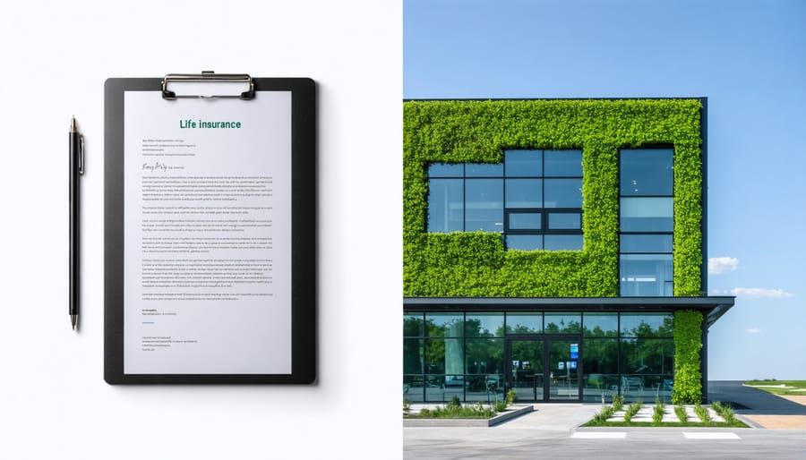 Side-by-side comparison of life insurance policy and LEED-certified building