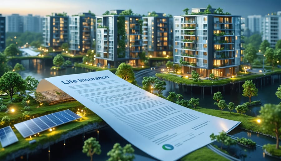 A conceptual illustration of a life insurance policy morphing into an eco-friendly real estate development, highlighting solar panels and green architecture.