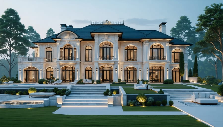 Modern luxury home exterior showcasing premium construction and security features
