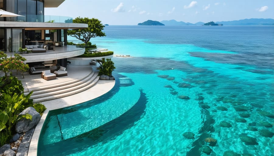 Luxury beachfront mansion with contemporary design features and panoramic ocean views