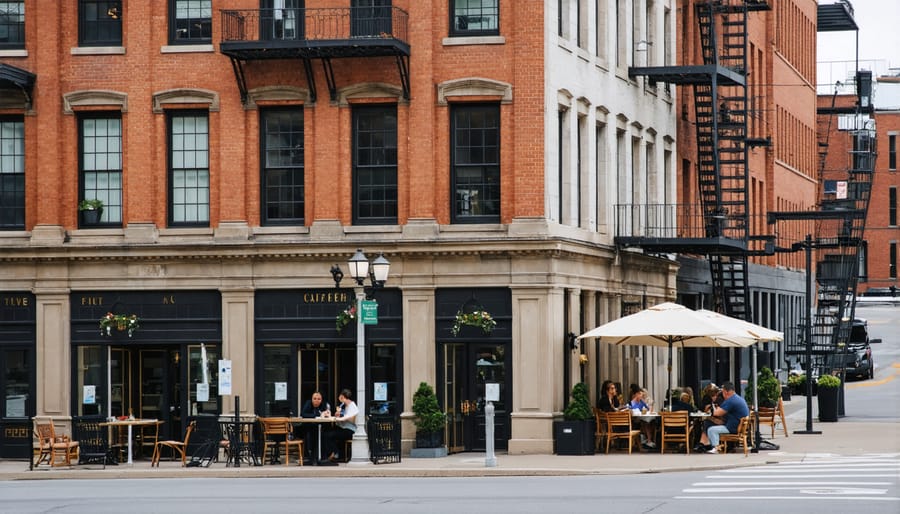 Cobblestone street in Old Montreal with historic buildings and outdoor cafés