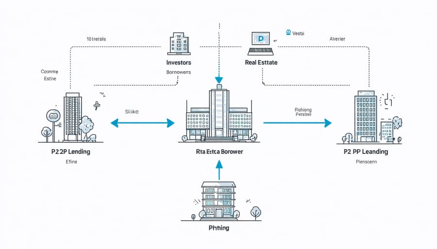 Flowchart illustration of P2P lending platform mechanics connecting investors to real estate projects