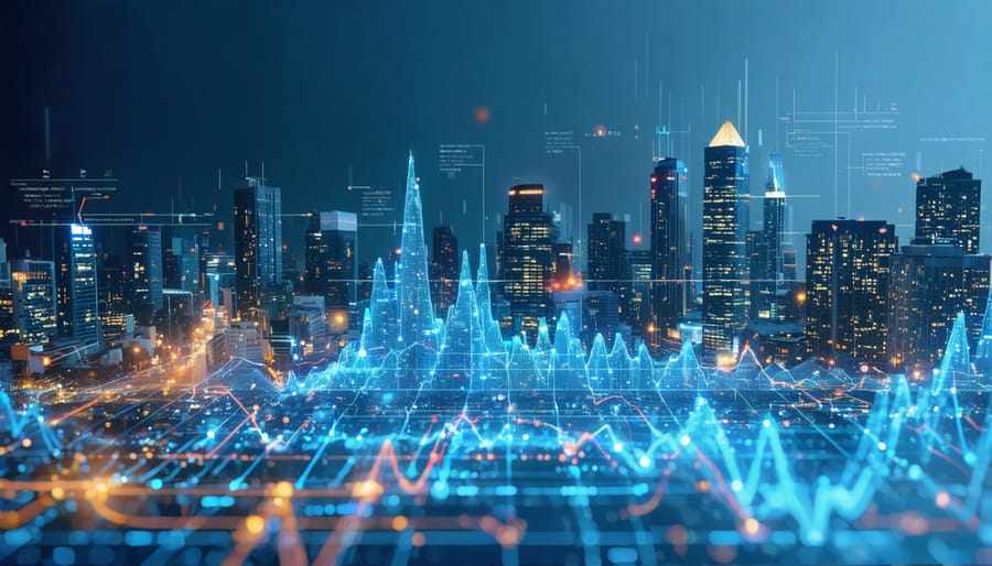 Conceptual image depicting a cityscape with overlaid digital data elements illustrating parametric insurance triggers such as earthquake magnitude, wind speed, and rainfall levels, highlighting the automated, data-driven nature of the coverage.