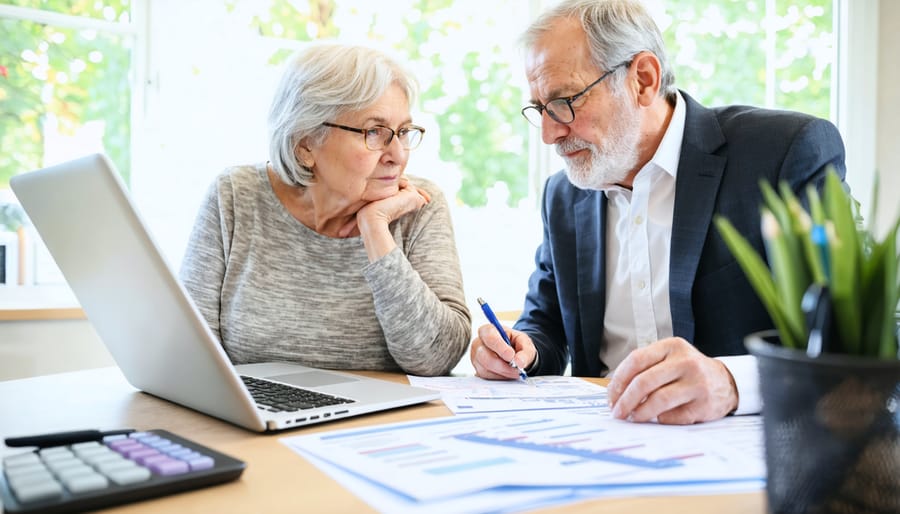 Senior couple seated at a desk, reviewing medical insurance documents and discussing options with a financial advisor to bridge the pre-Medicare coverage gap.