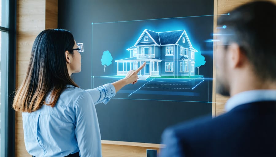 Real estate professional using projection AR technology during a property demonstration