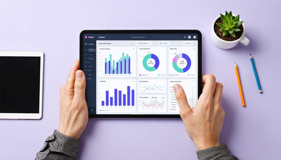 Real estate investor analyzing property data on a digital dashboard with multiple analytics displays