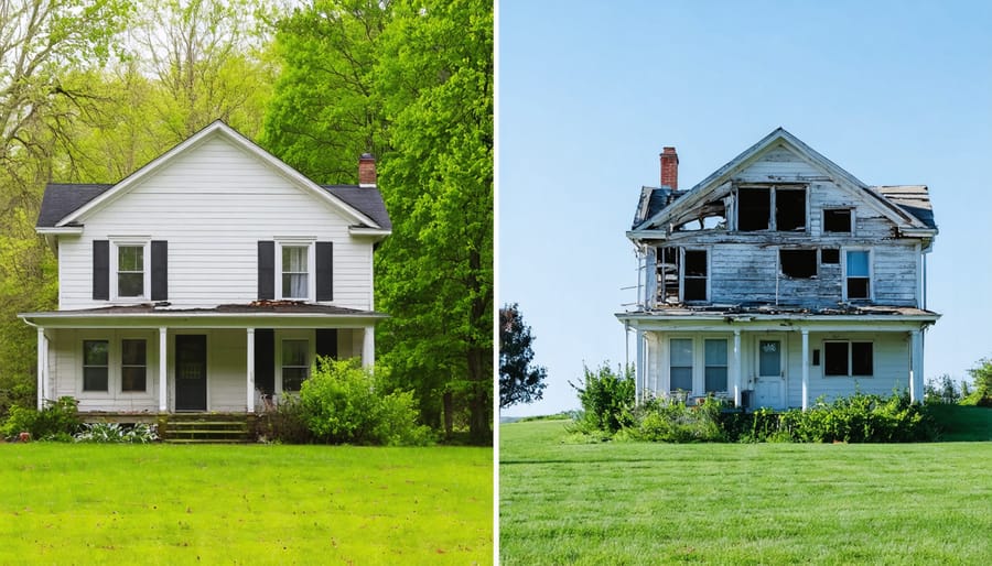 Side-by-side comparison of maintained and unmaintained residential properties
