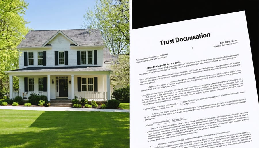 Side-by-side comparison of property deed transfer documents and living trust paperwork