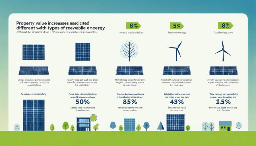Bar chart displaying property value increases for solar, wind, and geothermal energy installations