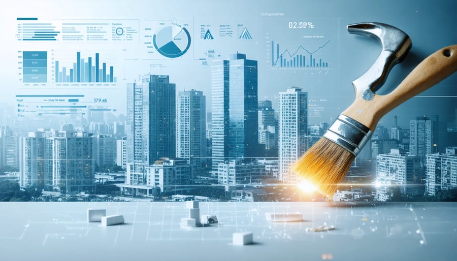 Conceptual illustration of a cityscape with highlighted flipping properties, renovation tools, and financial graphs symbolizing strategic real estate investment approaches.