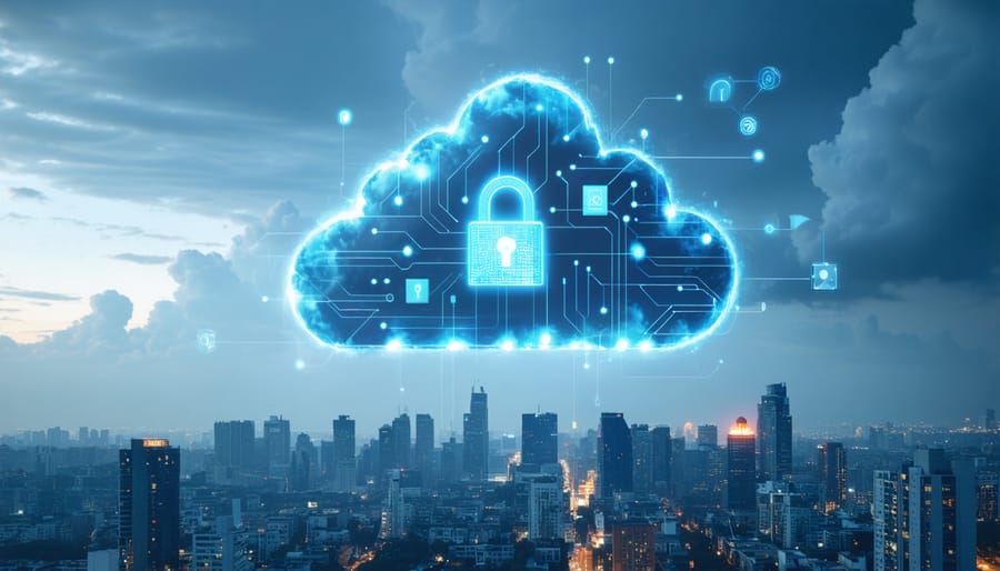 A digital depiction of a city skyline blending with cloud elements, overlaid with lock symbols and circuit patterns, signifying the protection of real estate data through cloud storage security.