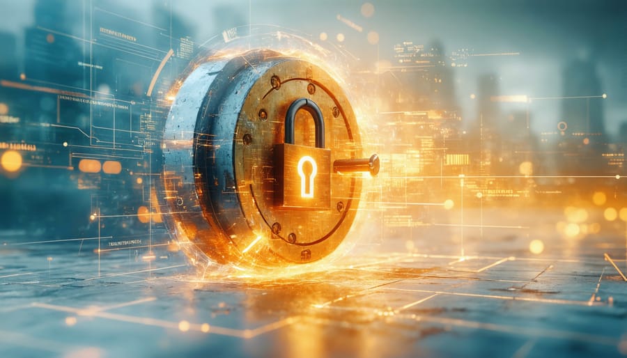 Security concept illustrated with vault door and real estate property