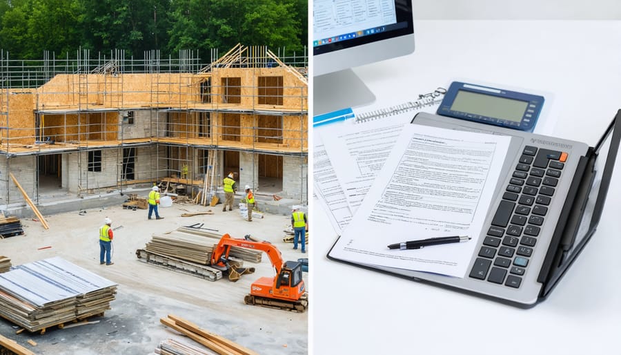 A conceptual image illustrating a split view of a home renovation site on one side and an organized workspace with insurance paperwork on the other, highlighting the crucial connection between remodeling and insurance coverage.