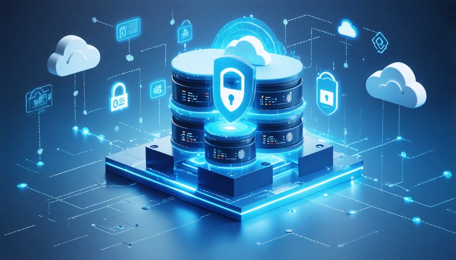 Illustrated cloud storage system with security features including encryption, firewalls, and access controls