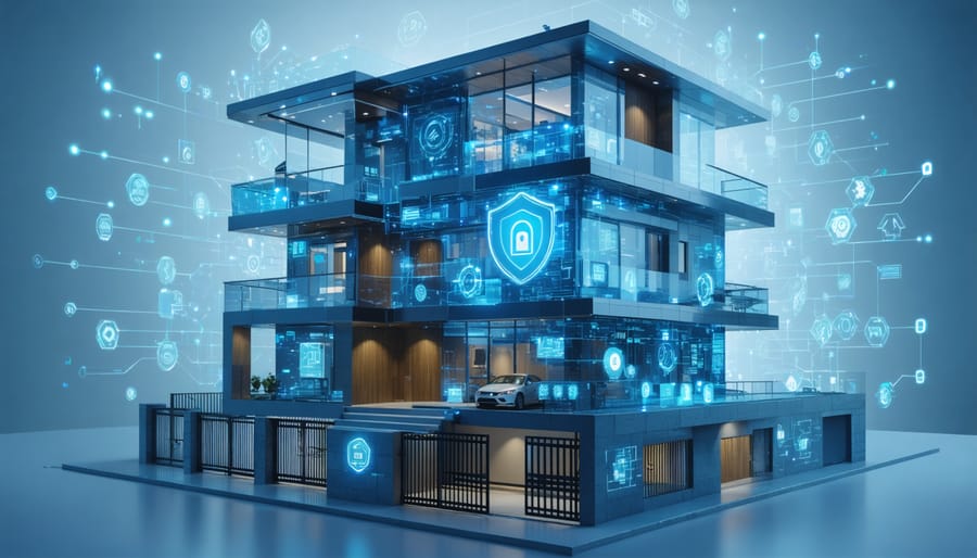 A conceptual depiction of a real estate building fortified with digital and physical security measures, illustrating integrated smart technology and traditional security elements to emphasize protection against threats and vulnerabilities.