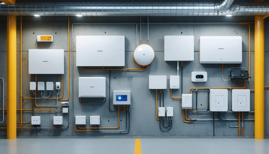 Array of smart sensors installed throughout a modern building for property monitoring