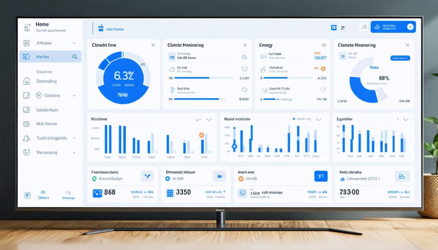 Digital interface displaying climate monitoring metrics, weather alerts, and energy consumption data