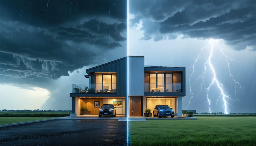 A futuristic house showcasing smart climate resilience technologies, including sensors and energy-efficient systems, standing strong amidst contrasting weather conditions.