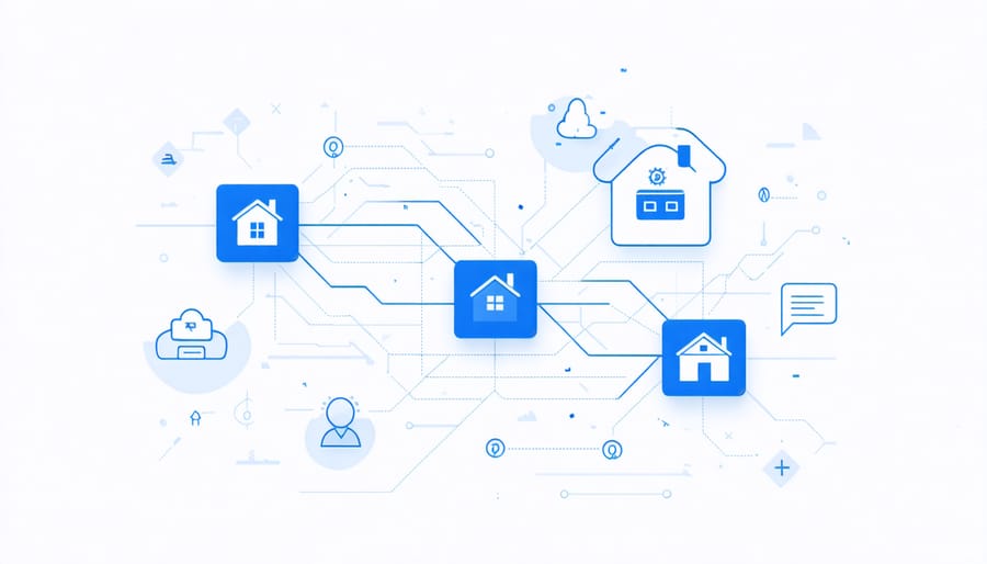 Conceptual illustration of smart contract insurance system with connected blockchain elements